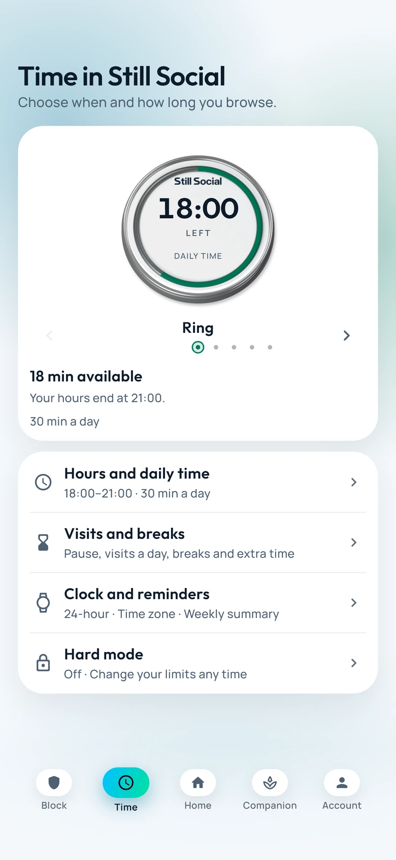 Still Social Time screen with its Ring clock, daily time and allowed hours